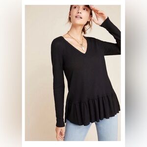 Anthropologie Eri + Ali Waffle Knit Thermal Peplum Top Black Size Small